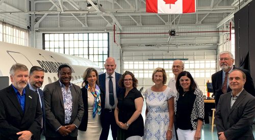 VIP tour of the TMU Aerospace Engineering Centre. Pictured (Left to right): Dr. Paul Walsh, TMU Professor, Department of Aerospace Engineering, Faculty of Engineering and Architectural Science and Director of the TMU Aerospace Engineering Centre, Andrew Petrou, AVP SIER, Michael Thompson, City of Toronto Deputy Mayor and Scarborough Centre City Councillor, Maryse Harvey, Executive Director of DAIR, Dr. Craig Stephenson, President & CEO at Centennial College, MP Ya'ara Saks, Minister Helena Jaczek, Jerry Karpynczyk – Technical Officer, TMU School of Aerospace Engineering, MP Filomena Tassi, Dr. Christopher Damaran, Professor and Director at University of Toronto Institute for Aerospace Studies (UTIAS), and Dr. Hekmat Alighanbari, TMU Professor, Chair (Aerospace Engineering), Faculty of Engineering and Architectural Sciences.